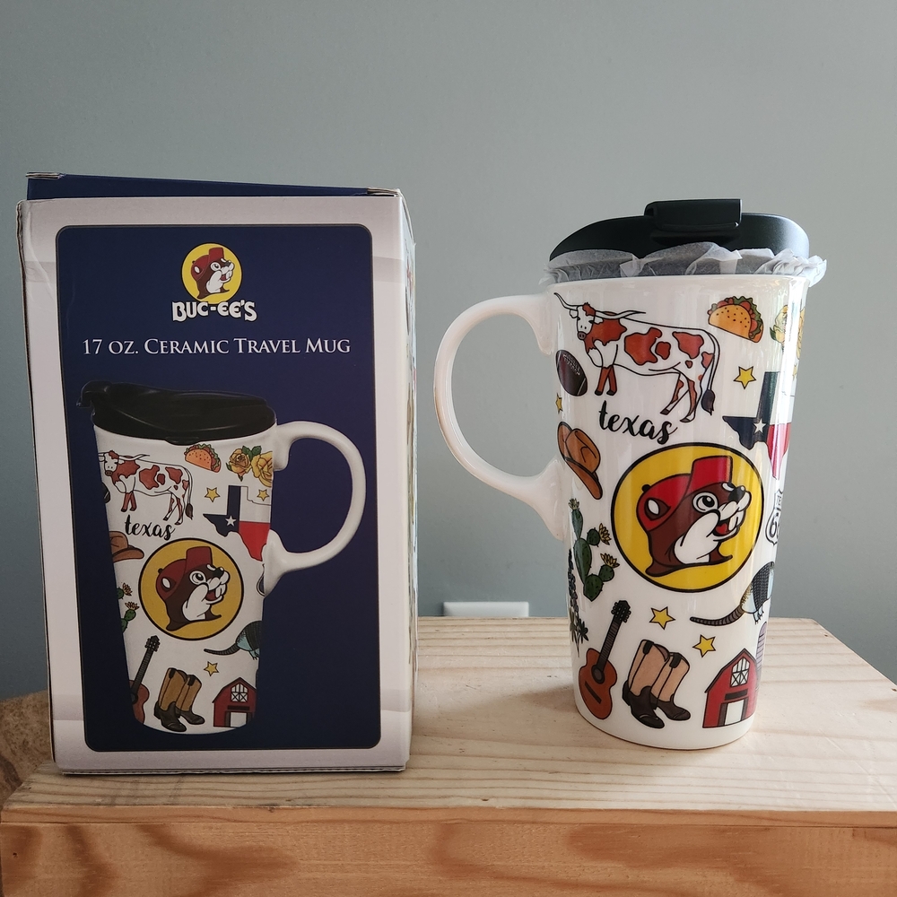 Buc-ee's Texas 16 Oz Ceramic Travel Mug With LID NWT